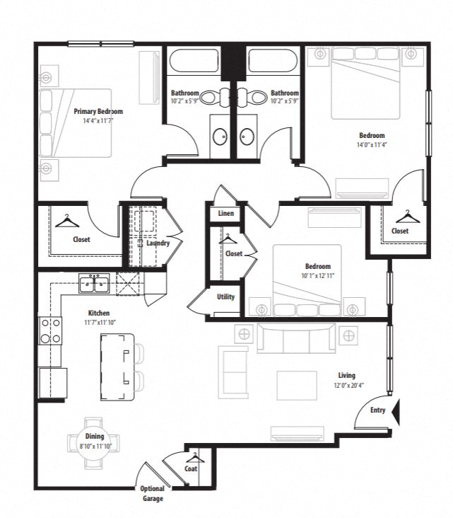 Floor plan for 3 beds, 2 baths, 1334 sqft